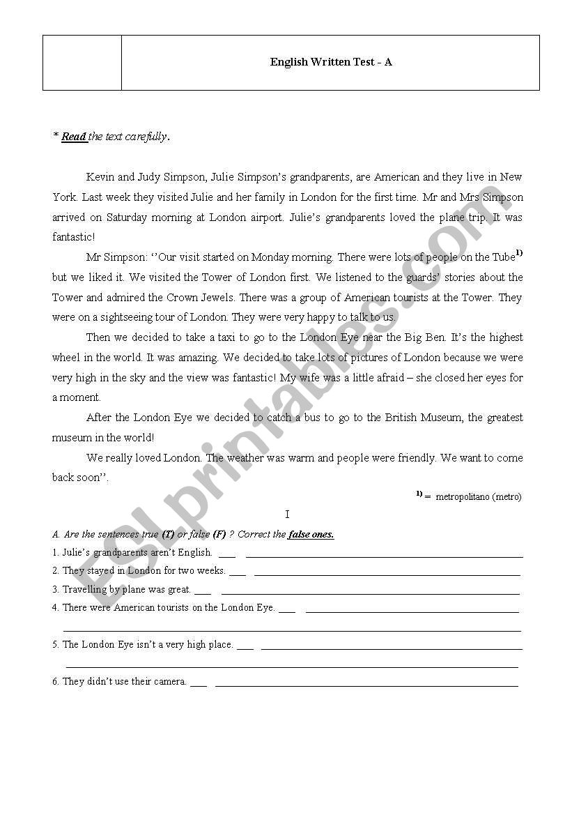 Test  - 6th Grade - Past Simple