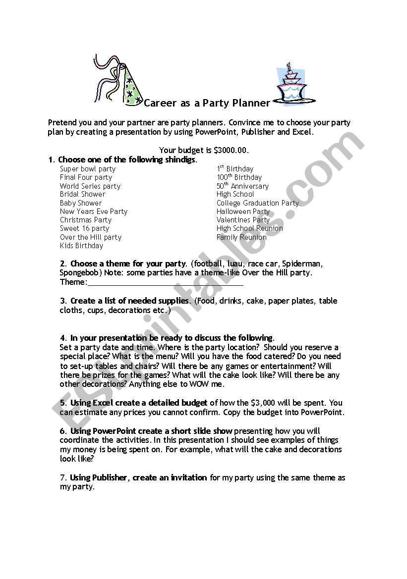 Party Planner worksheet