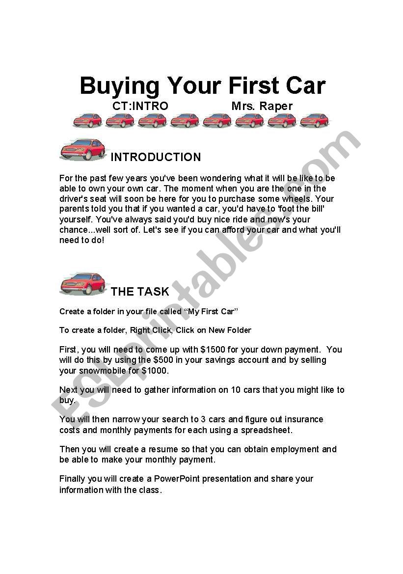 Buy Your First Car worksheet