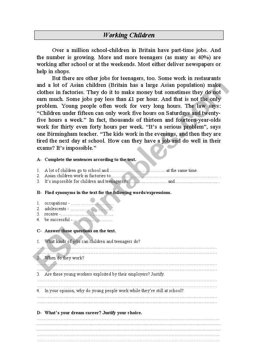 Working children worksheet