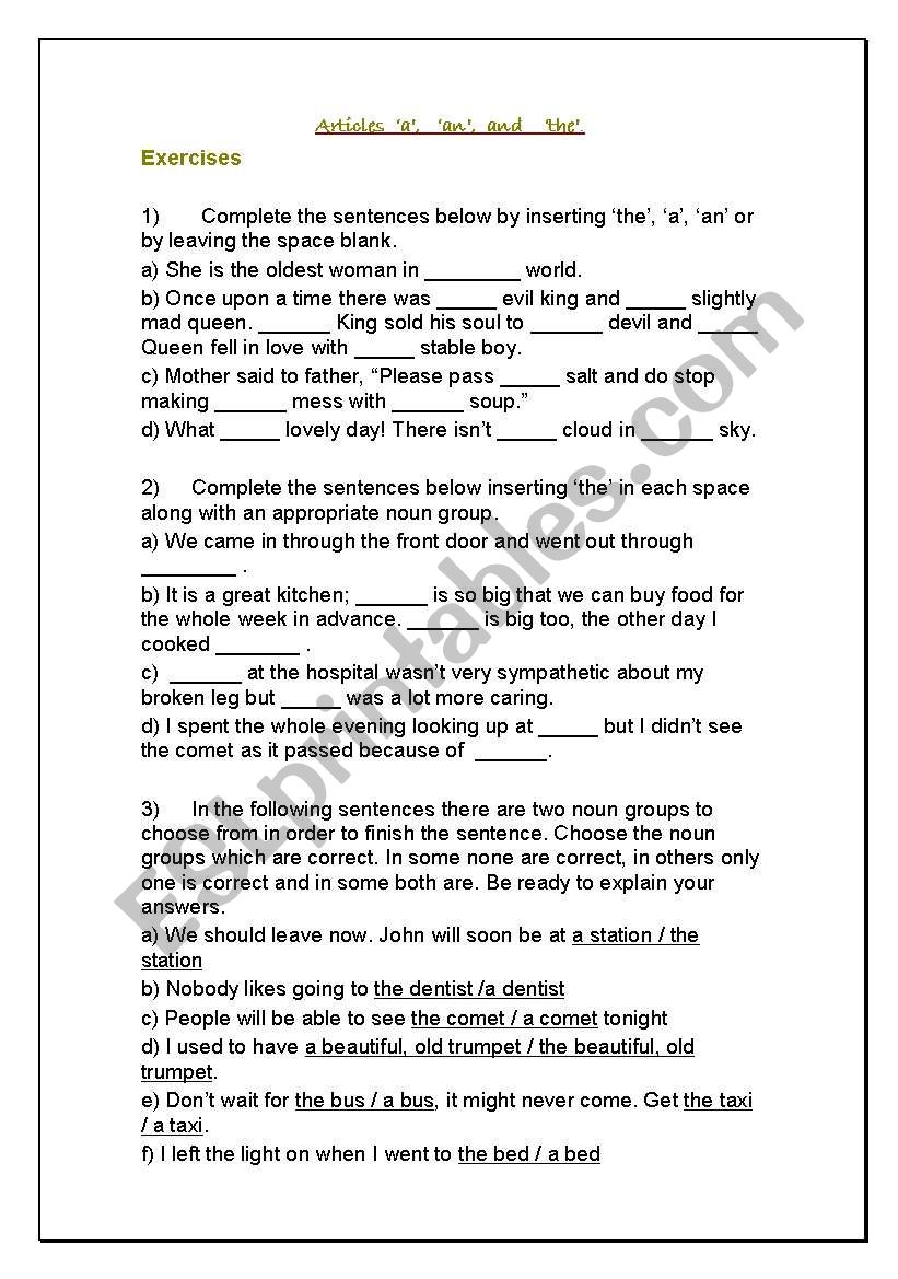 Articles worksheet