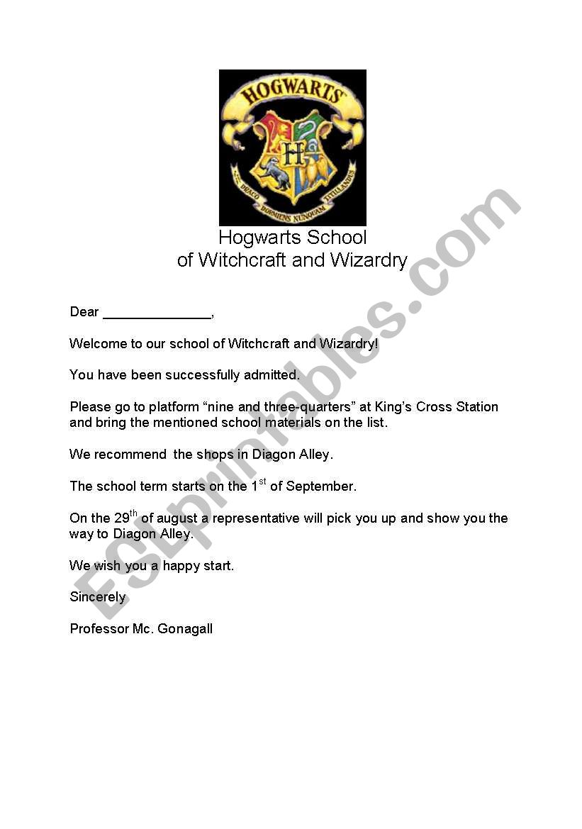 Hogwarts School, Letter of admission