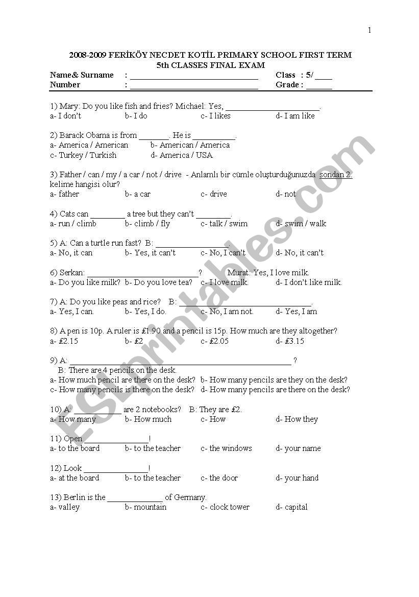 2008-09 1st term 5th grade final exam 