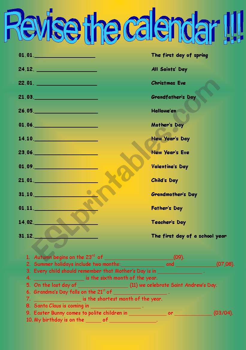 months worksheet