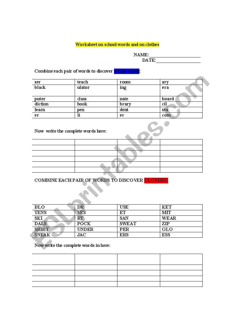     WORKSHEET ON SCHOOL WORDS AND CLOTHES- REVISION