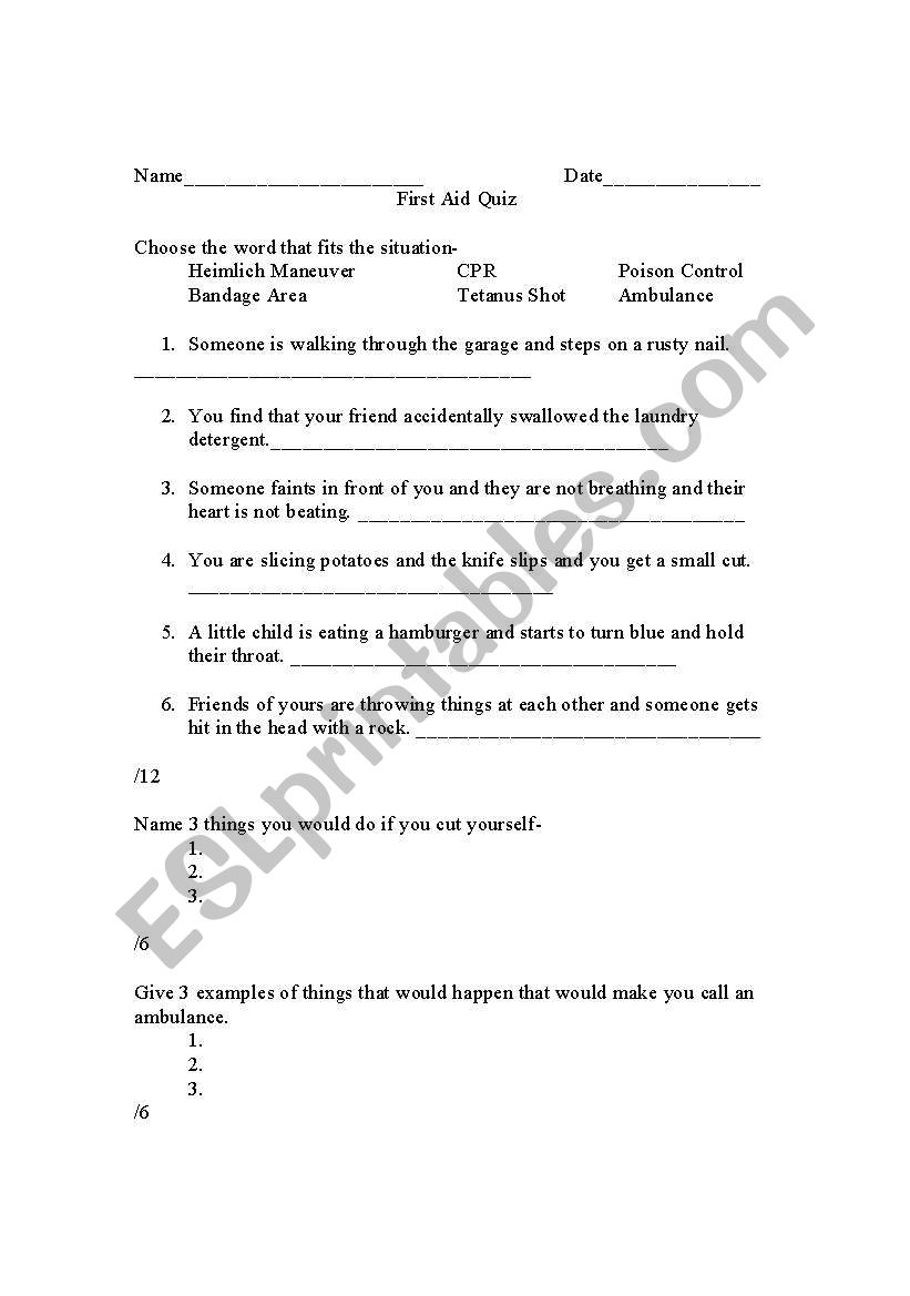 First Aid Quiz worksheet