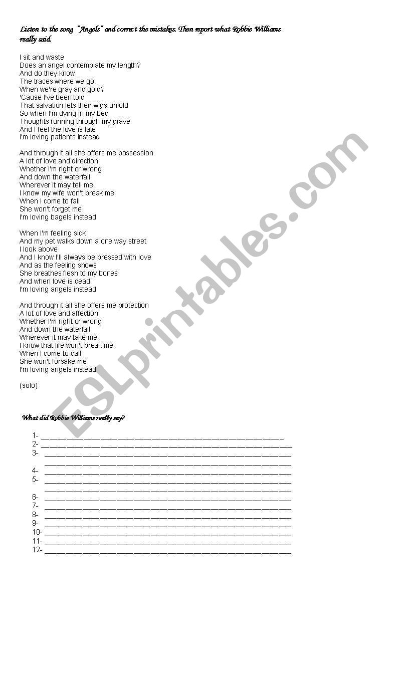 Song: Angels, by Robbie Williams for reported speech