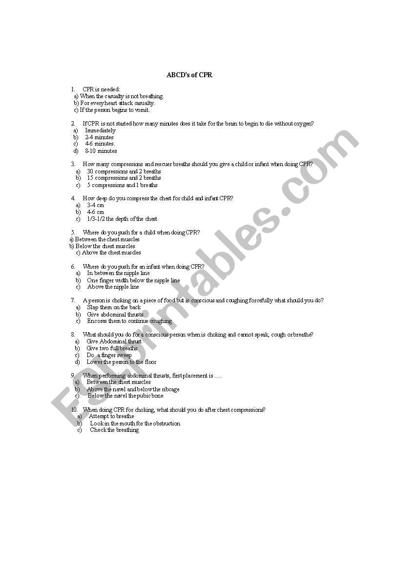 First Aid Quiz worksheet