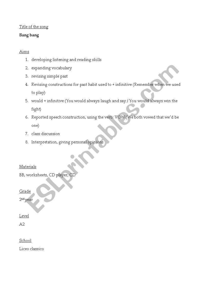 Bang Bang worksheet