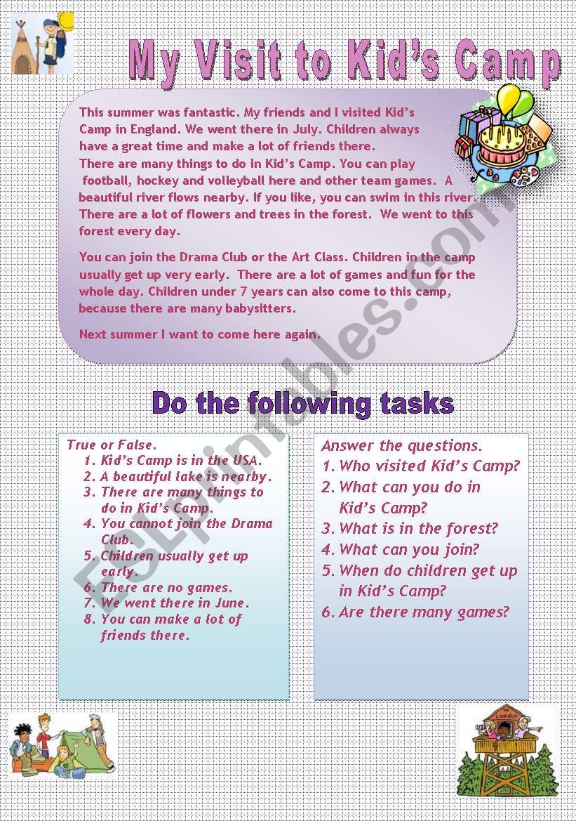 MY VISIT TO KIDS CAMP worksheet