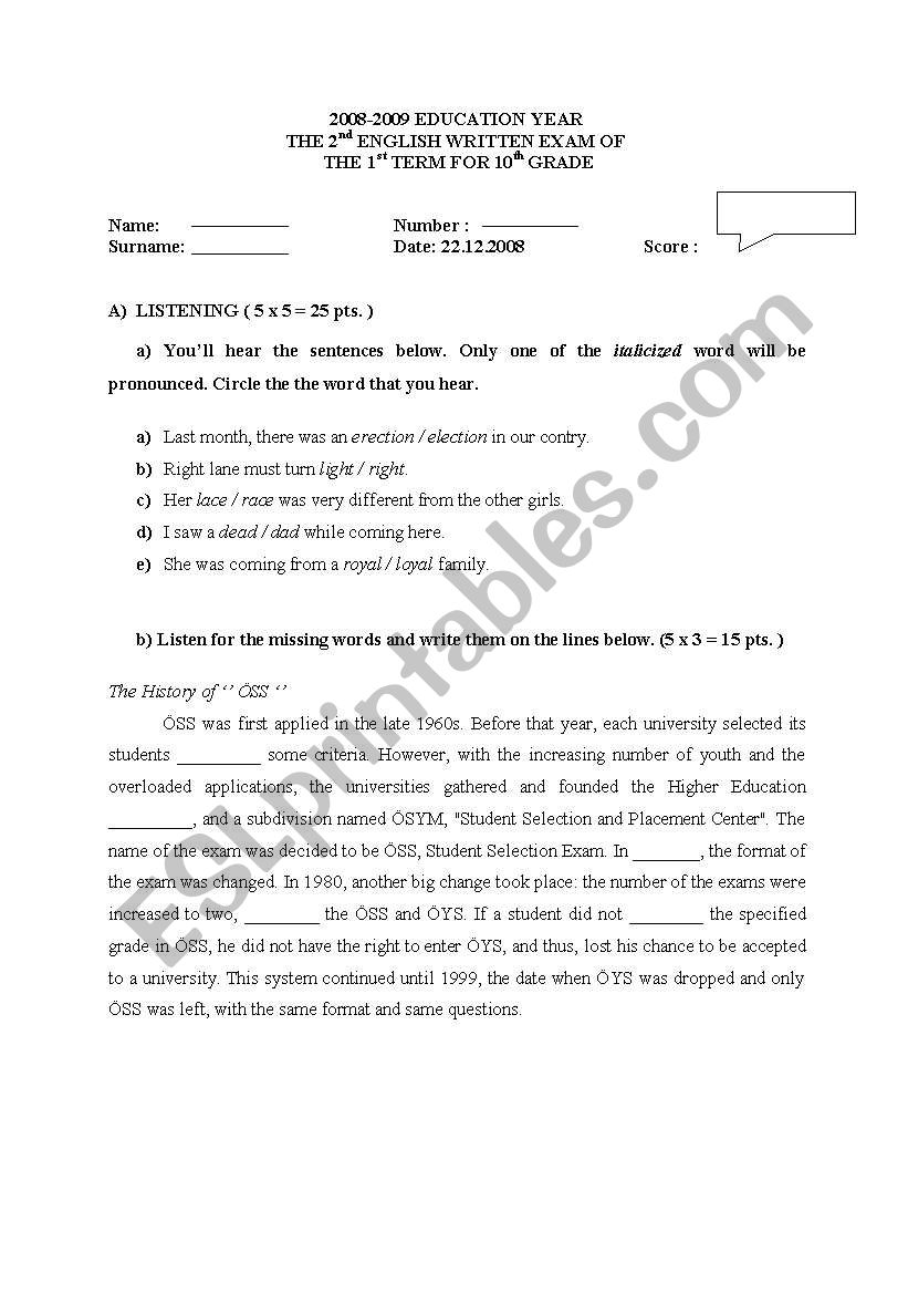 10th grade exam worksheet