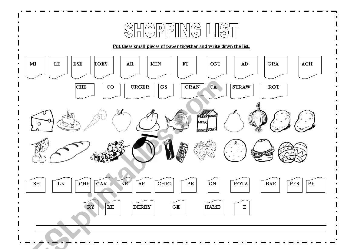 Shopping list worksheet