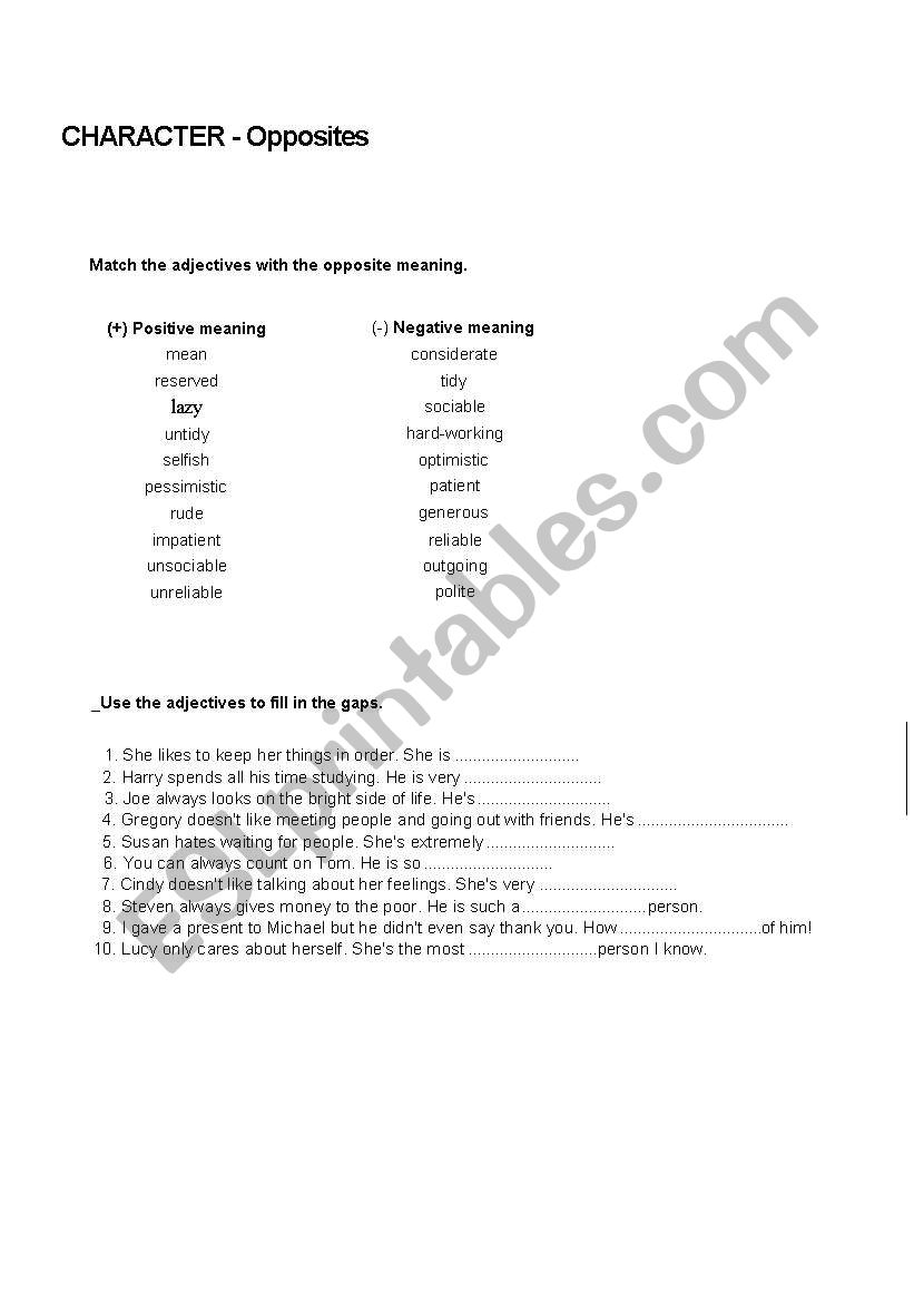 Opposites - character worksheet