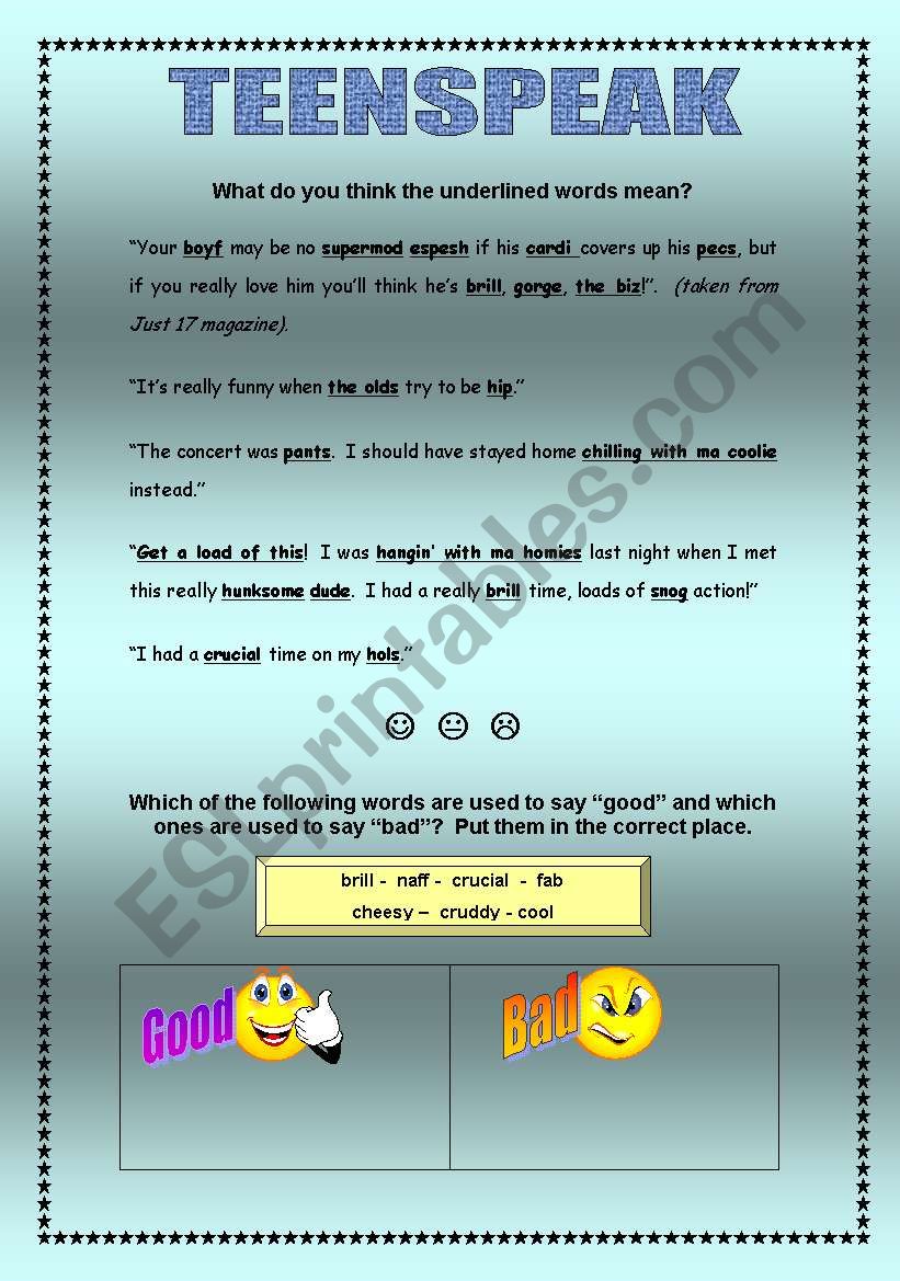 Teenspeak - 2 pages + answers with explanations