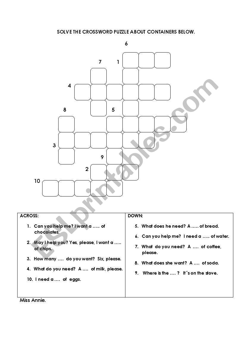 crossword containers worksheet