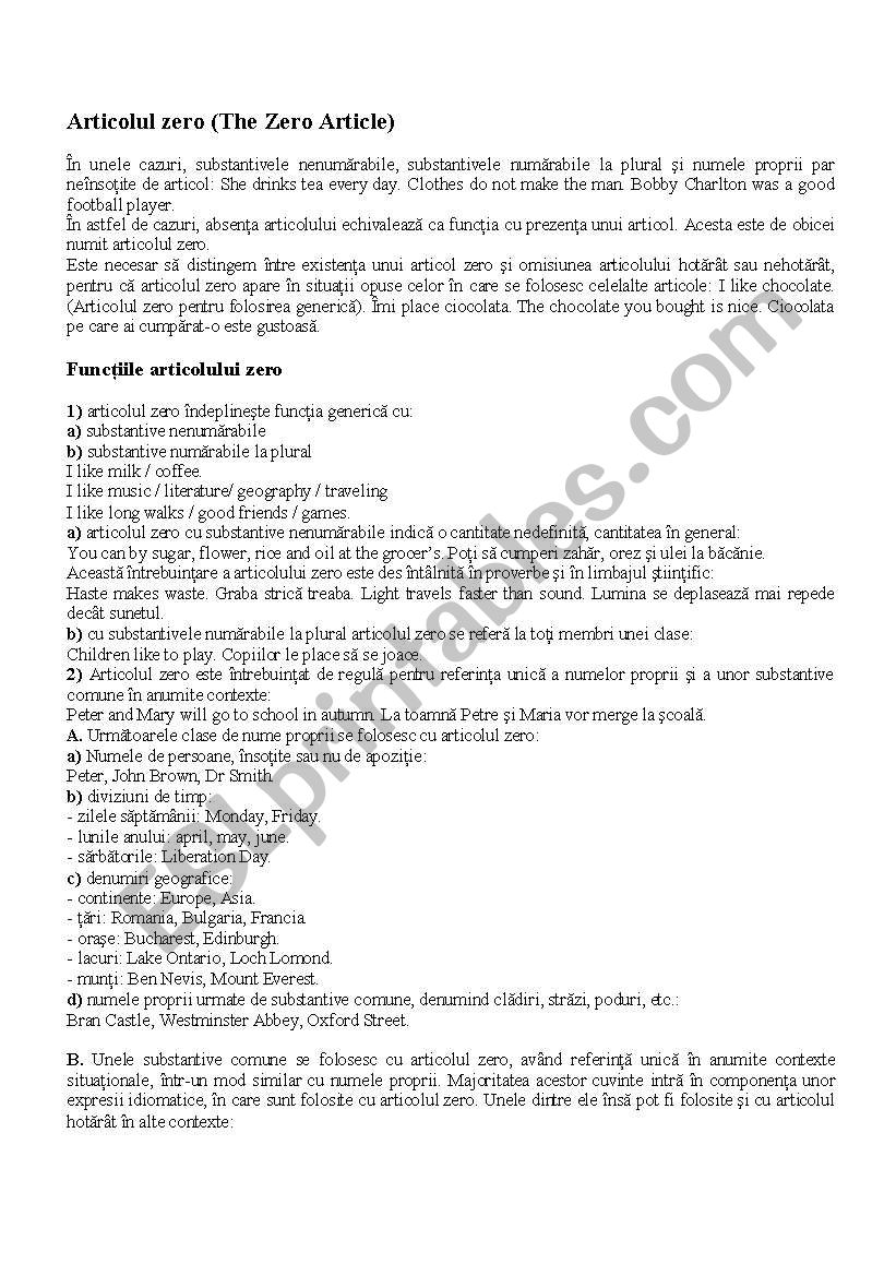 zero article worksheet