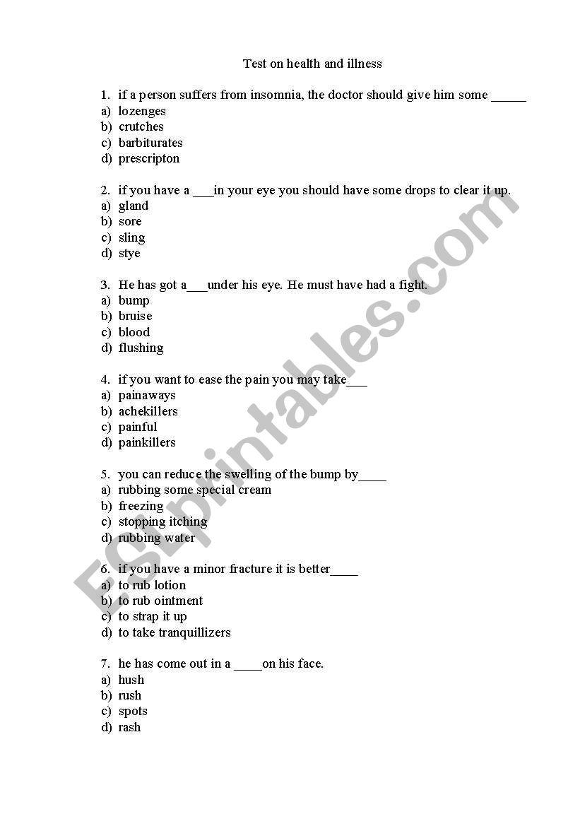Health and illnesses worksheet