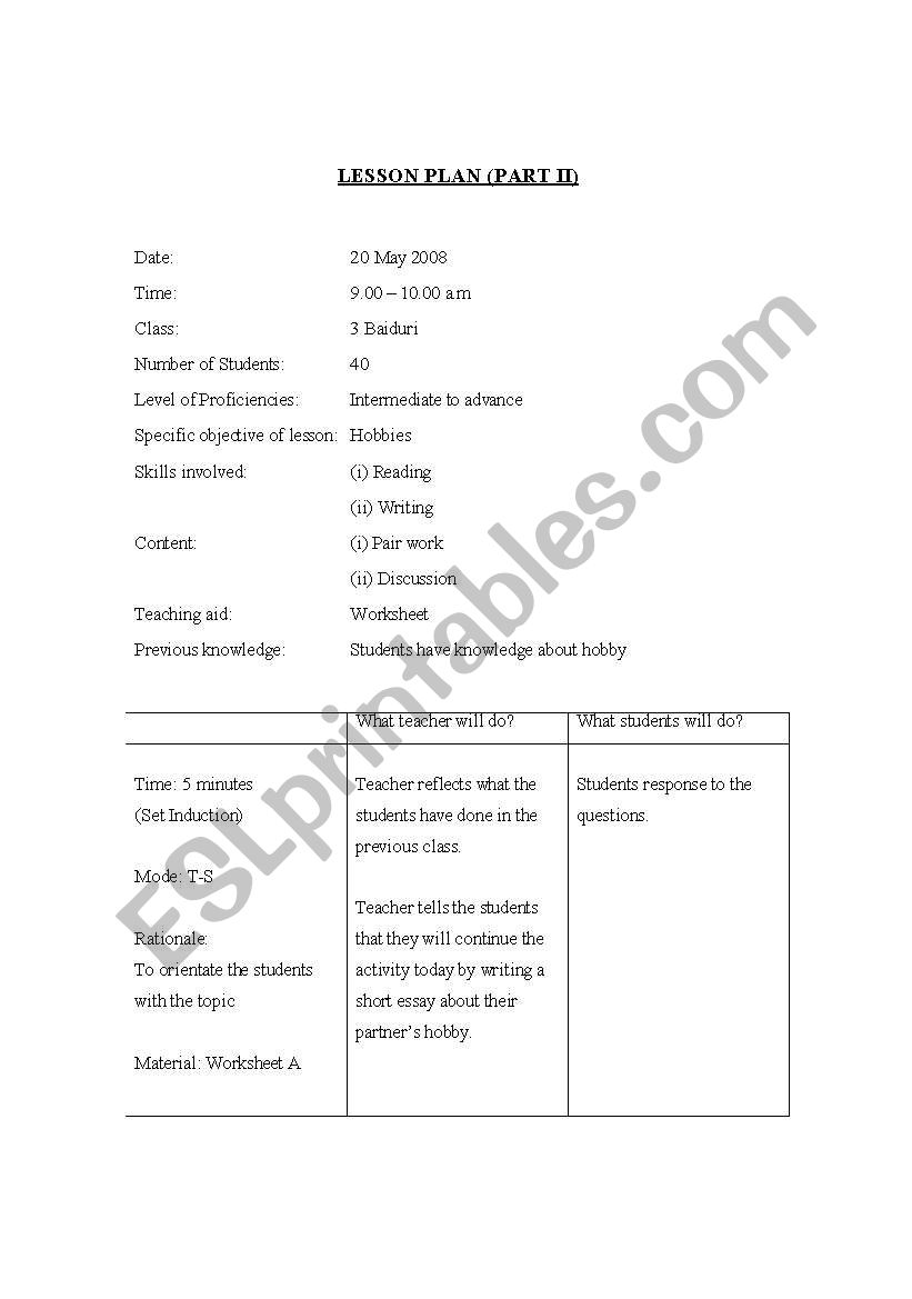 Lesson Plan - Writing Task worksheet