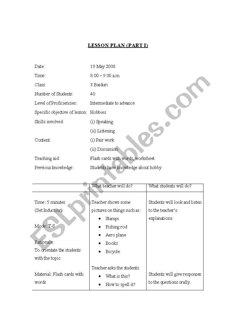 Speaking Lesson Plan worksheet