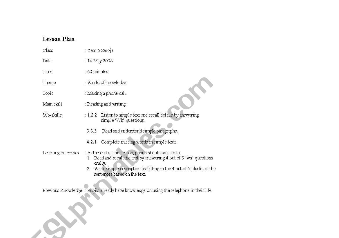 Lesson Plan  - Making A Phone Call