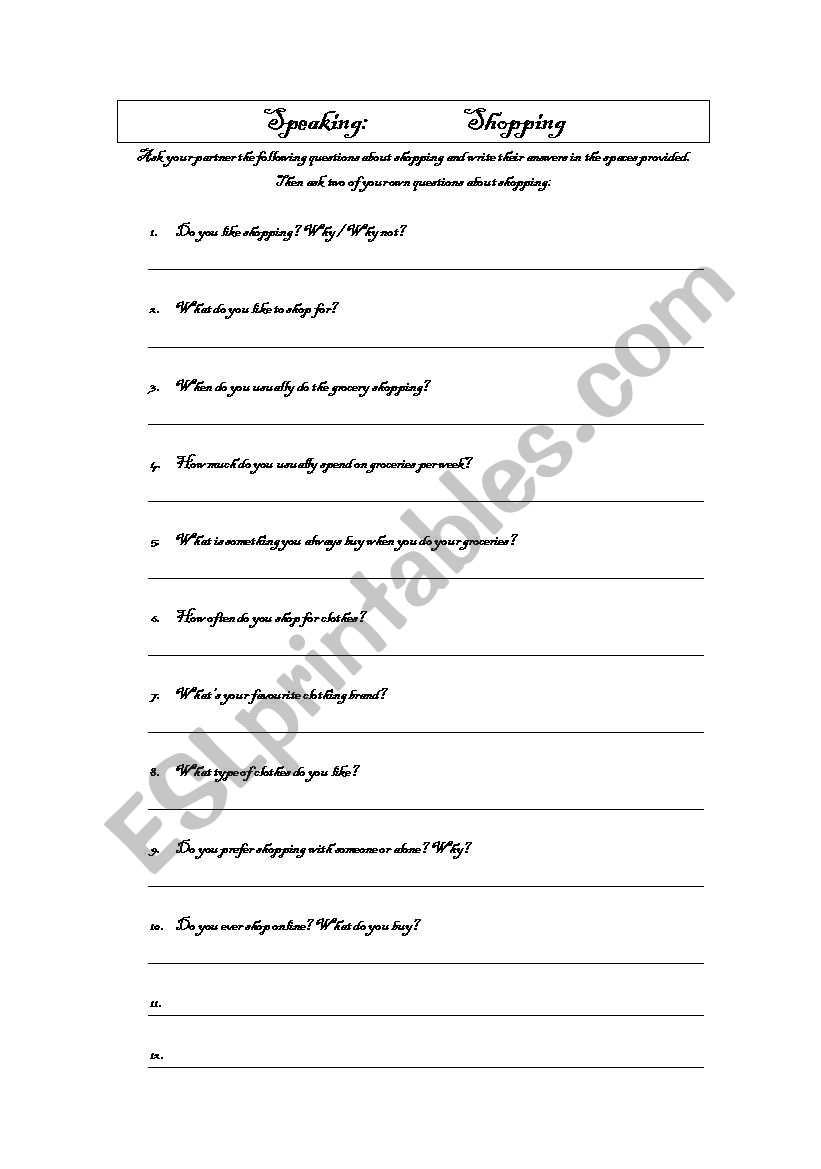 Shopping Questions worksheet