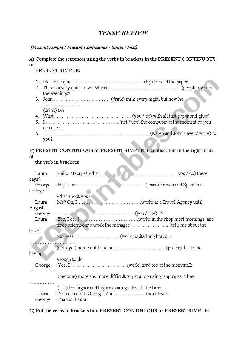 tense review worksheet