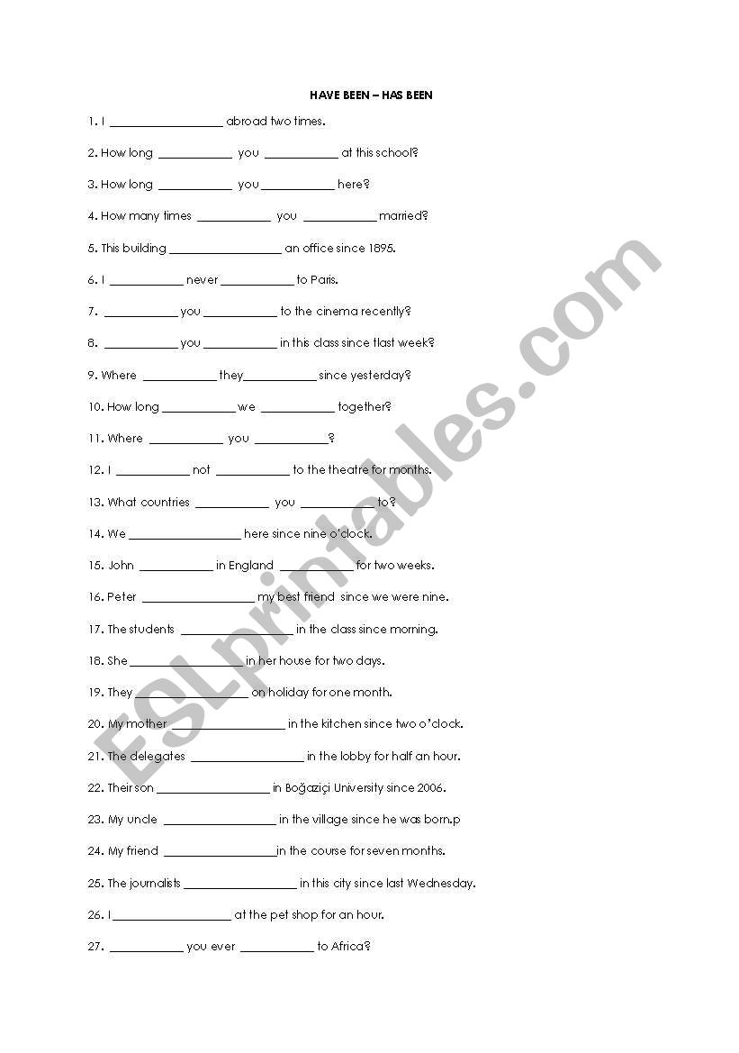 have been - has been worksheet