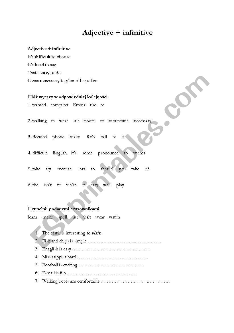 Adjective + infinitive worksheet