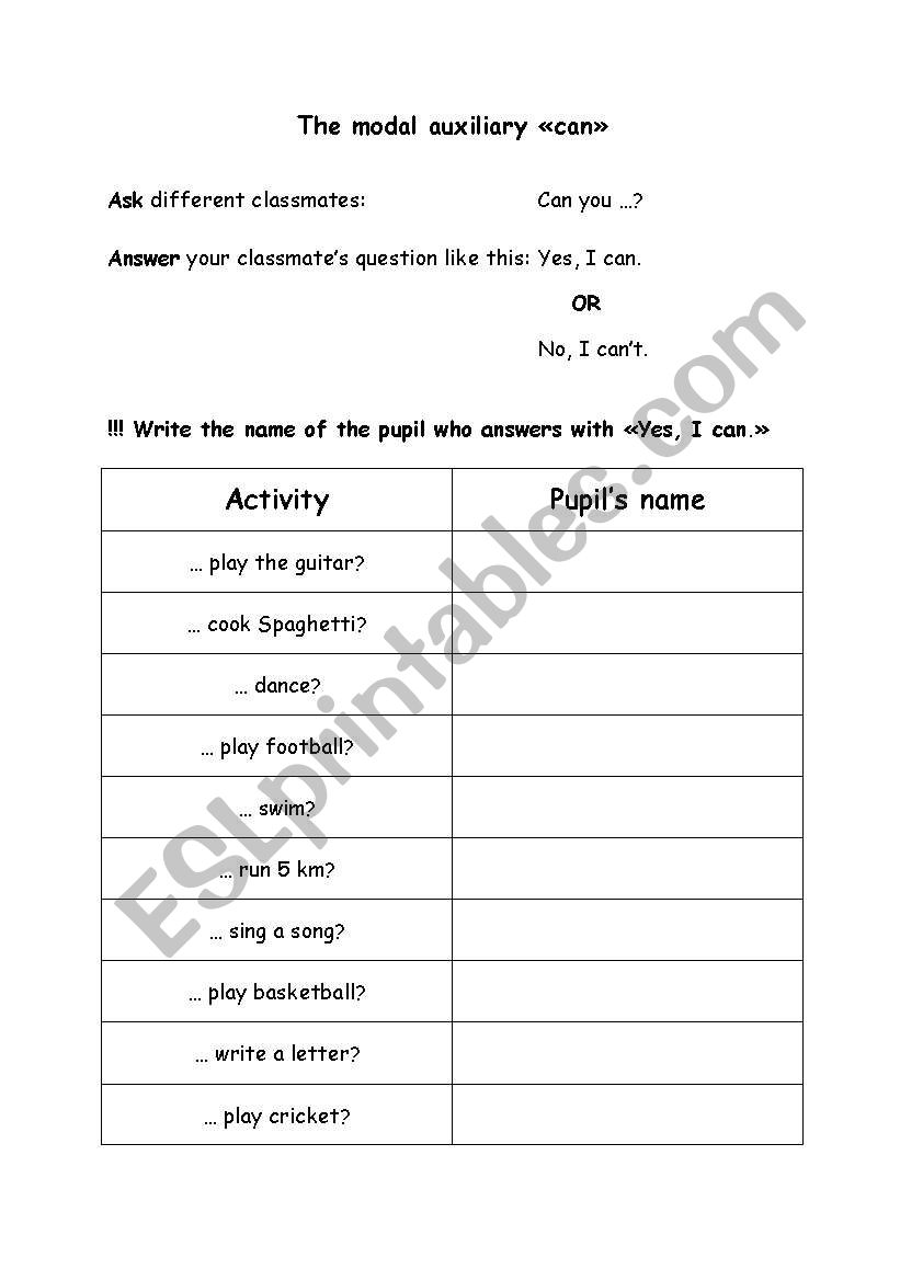 Can - oral work worksheet