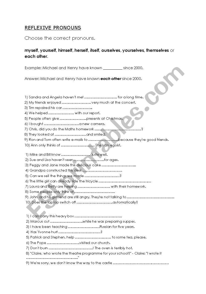 Reflexive pronouns worksheet