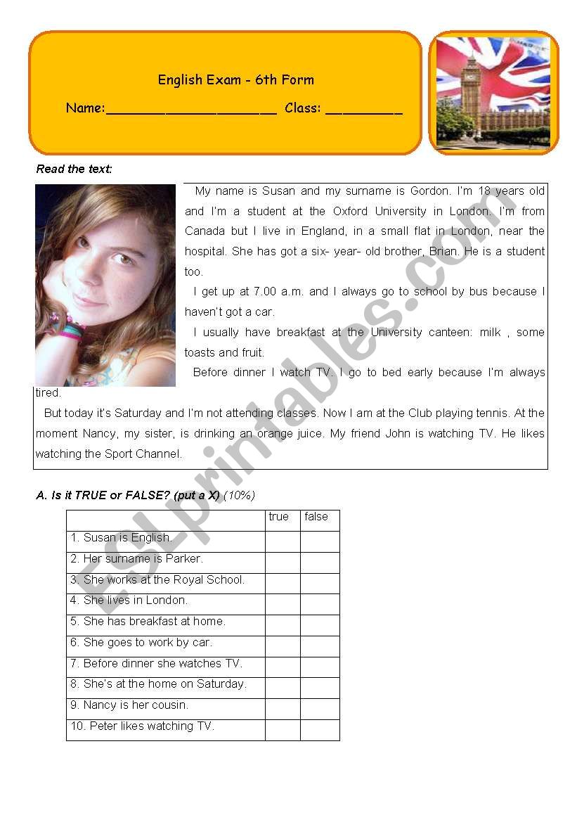 English exam - 6th grade - 5 pages