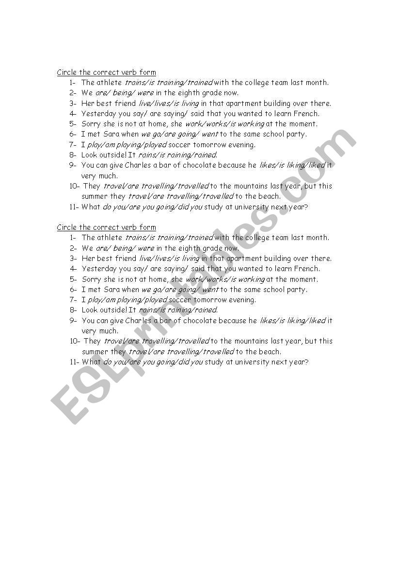 circle the correct verb form worksheet