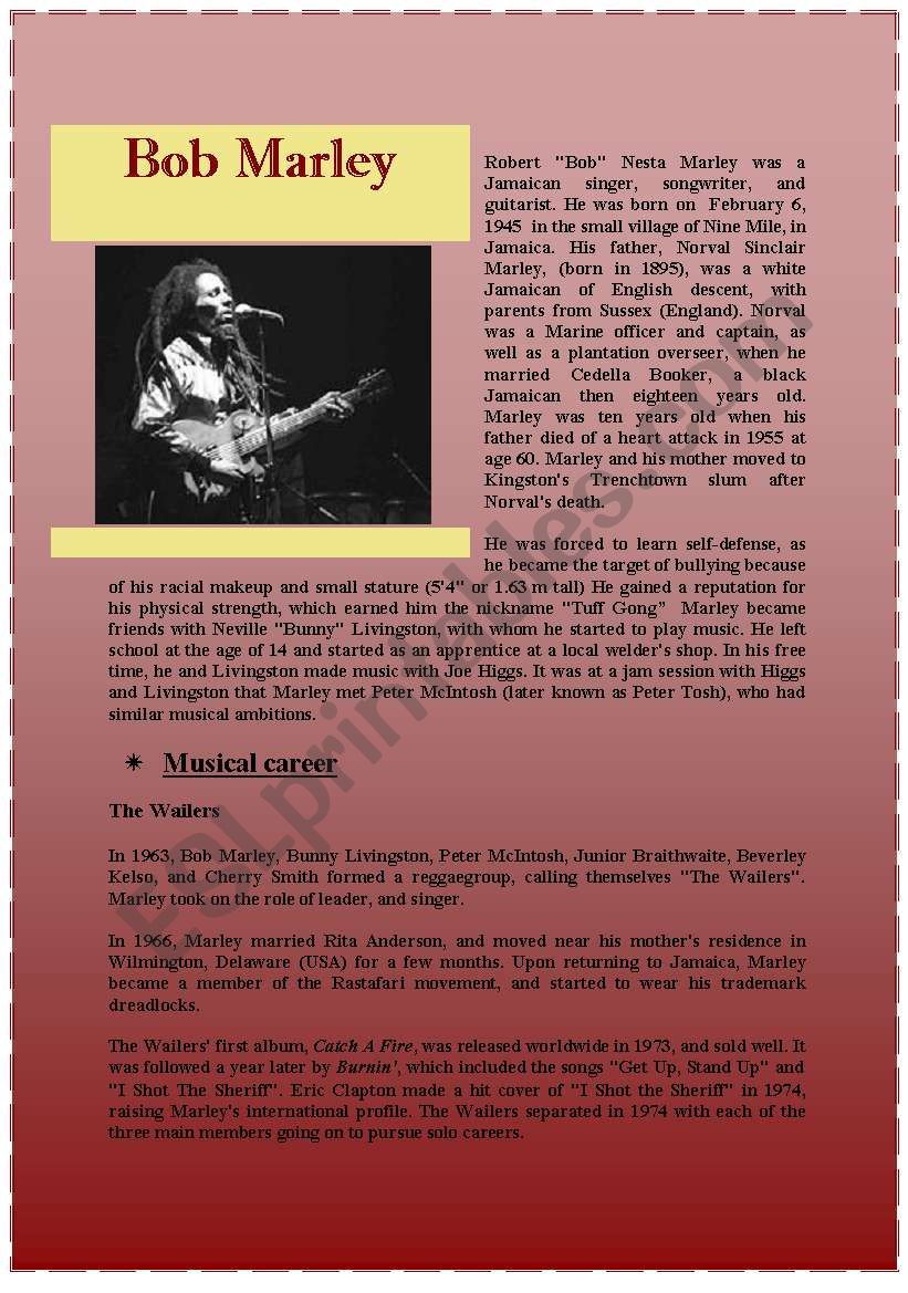 Bob Marley worksheet