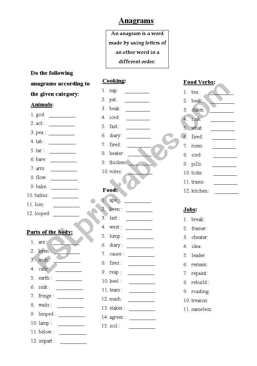 Anagrams worksheet