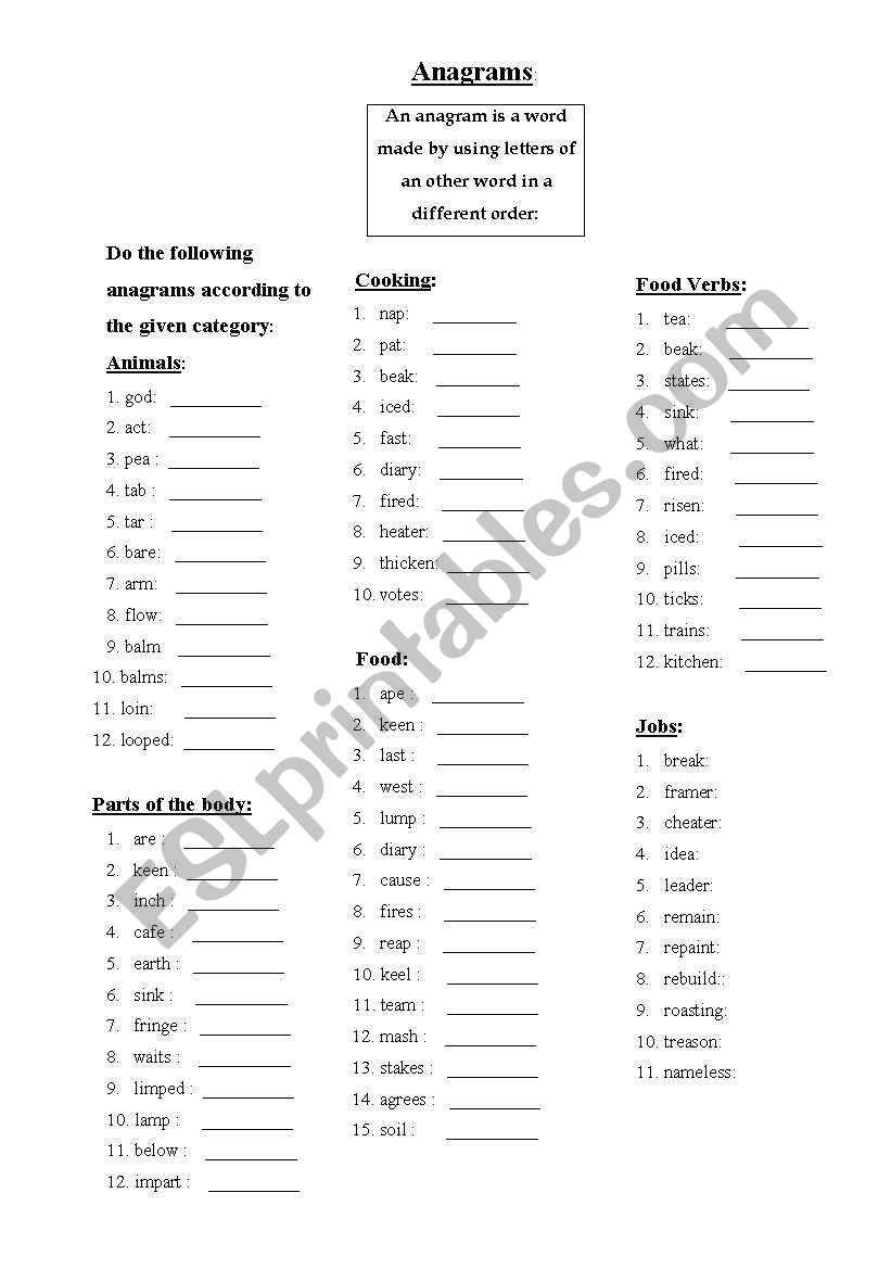 Anagrams worksheet Anagrams worksheet