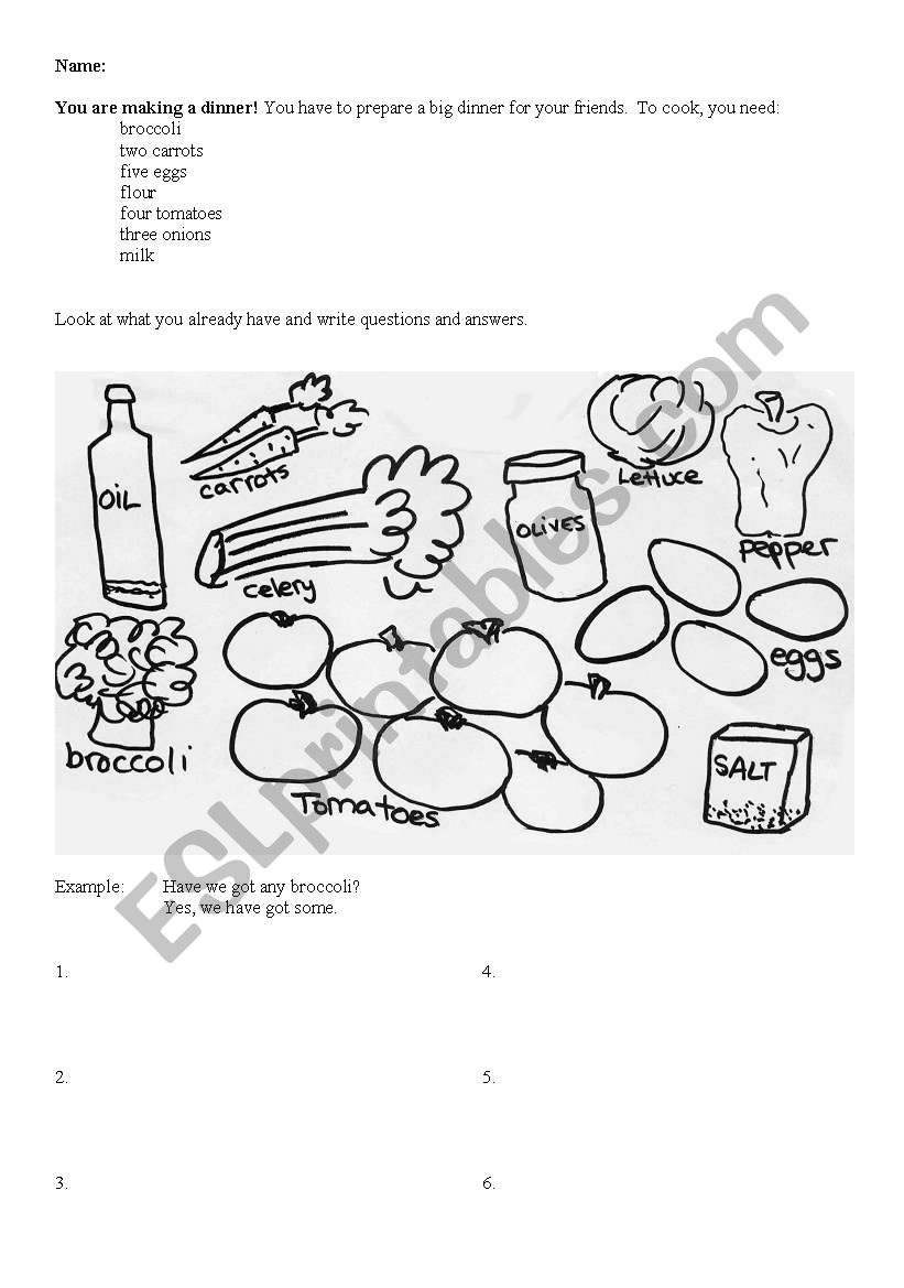 Making a Dinner: some and any worksheet