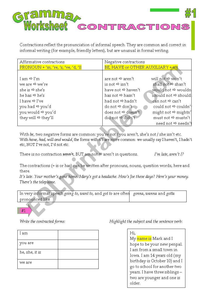 GRAMMAR WORKSHEET 1: Contractions