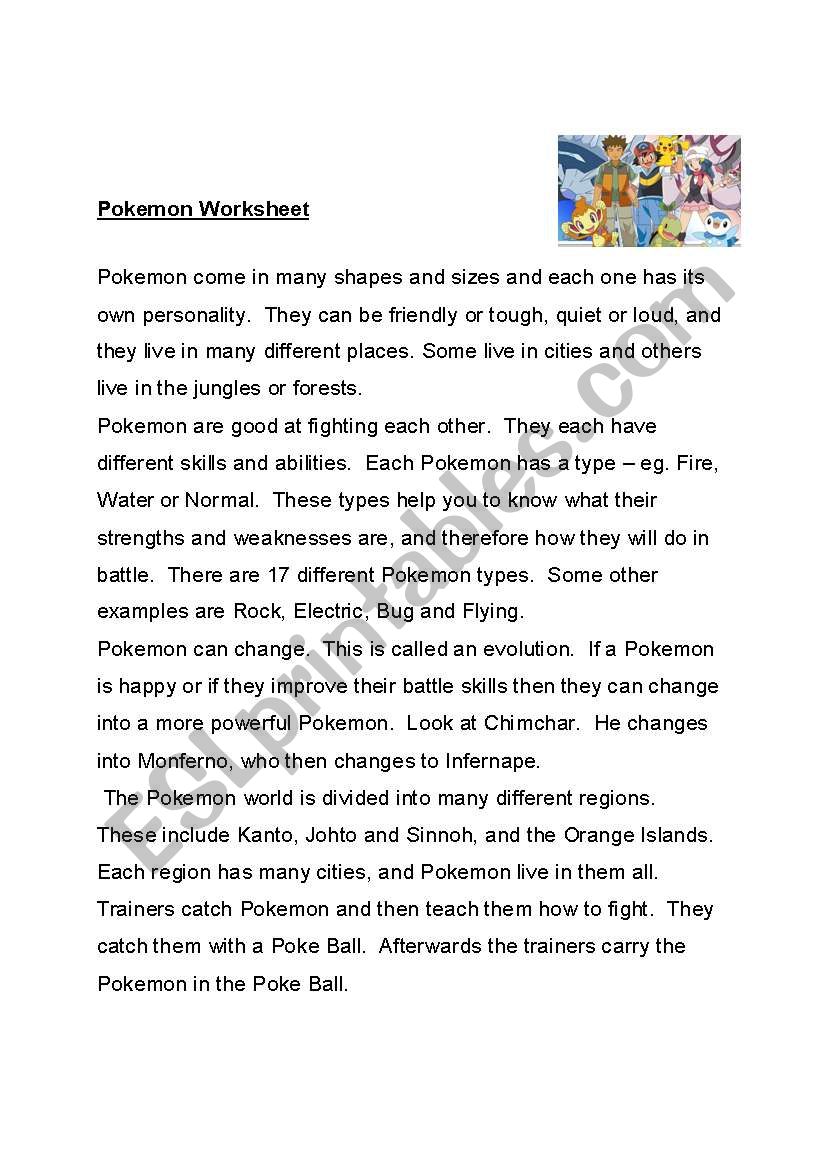 Pokemon Reading Comprehension exercise