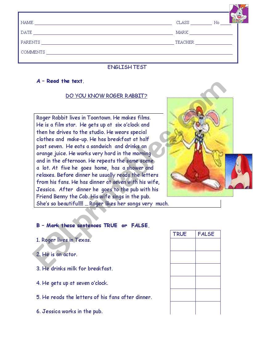 ROGER RABBIT worksheet