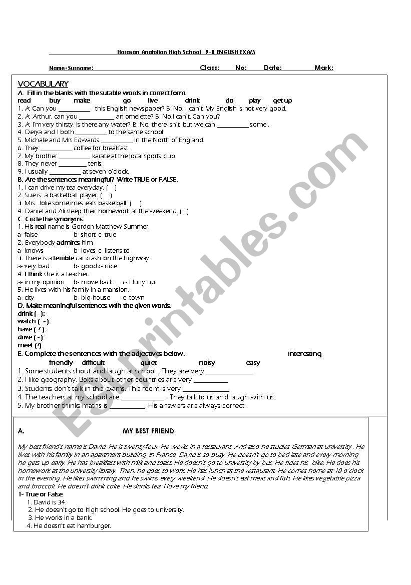 worksheet for 9th grades worksheet