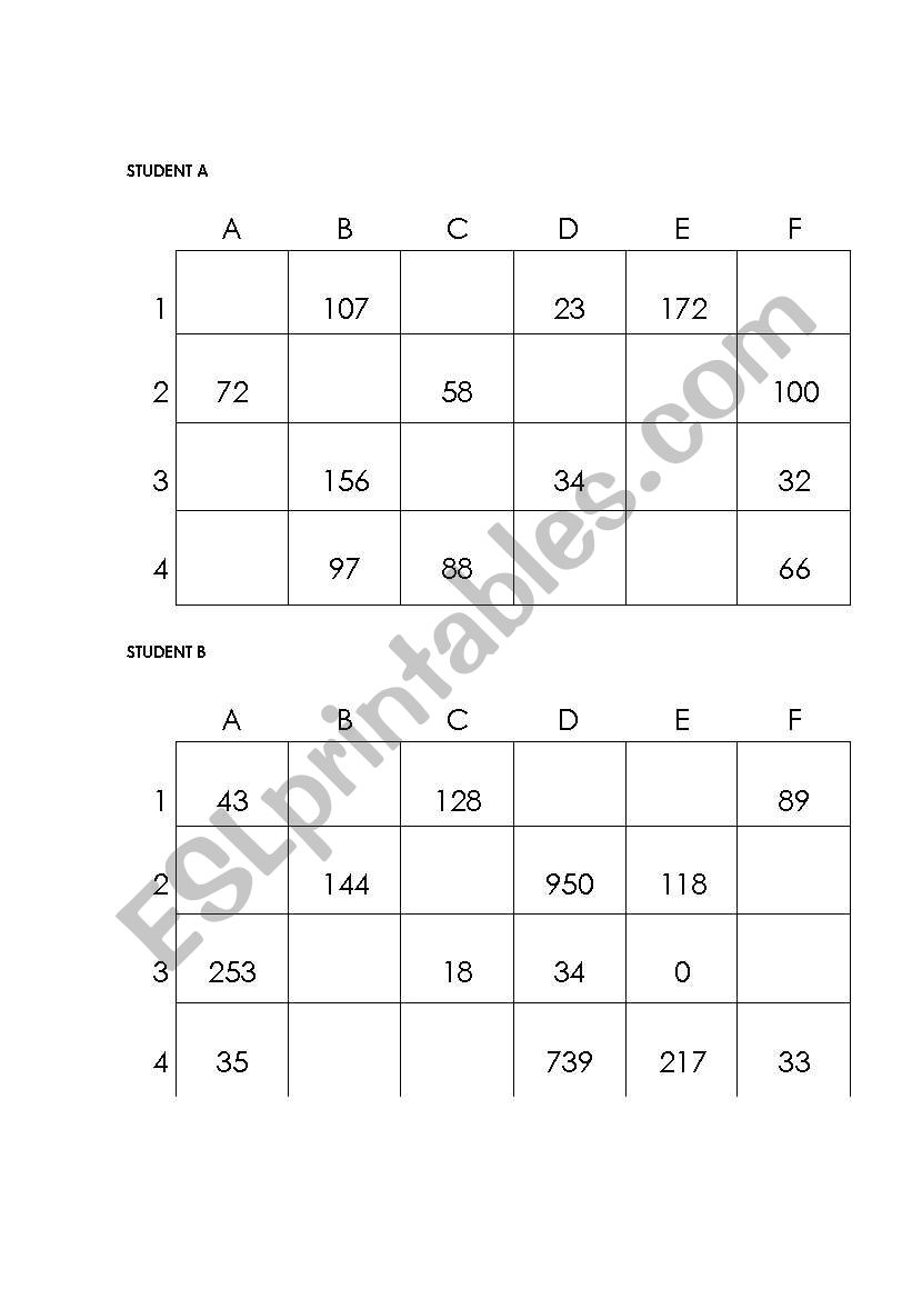 bingo of numbers worksheet