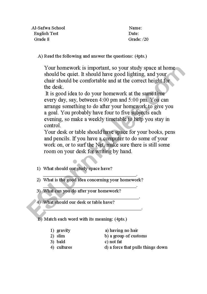 english test worksheet