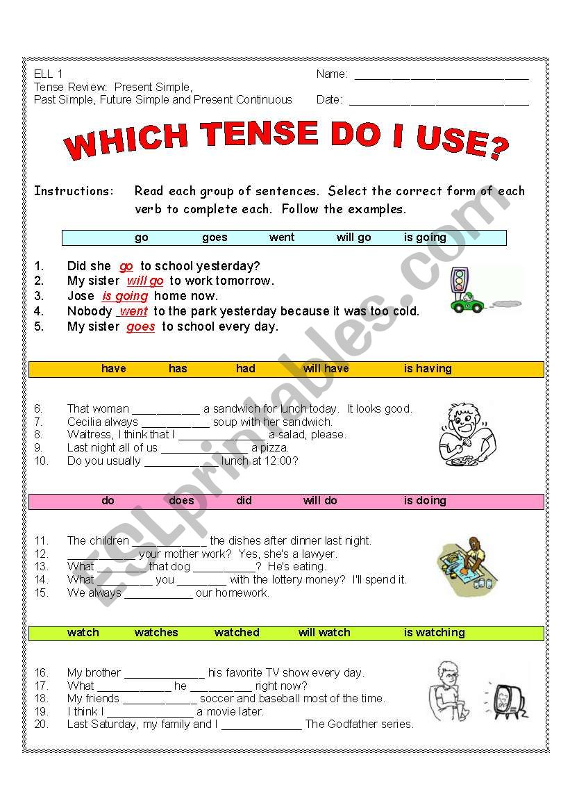 Which Tense Do I Use? (2 pages) VERB TENSES #1