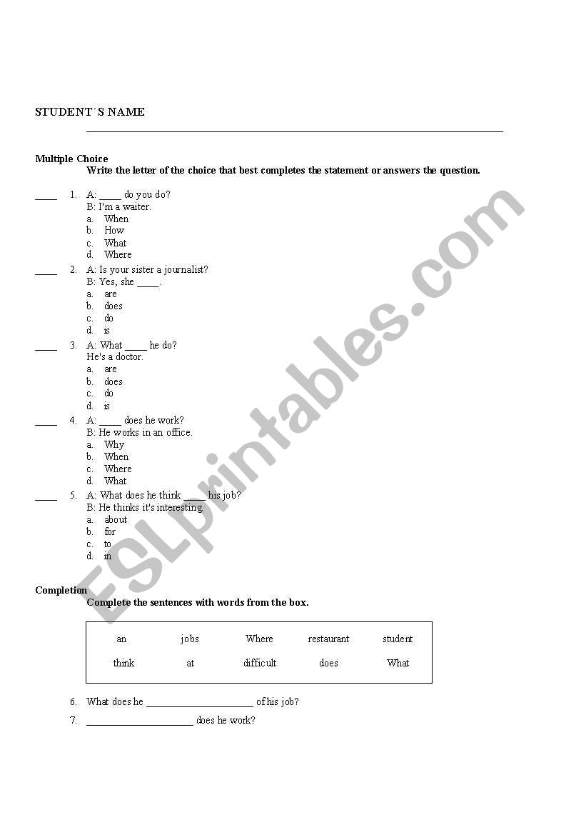 DO AND DOES TEST worksheet
