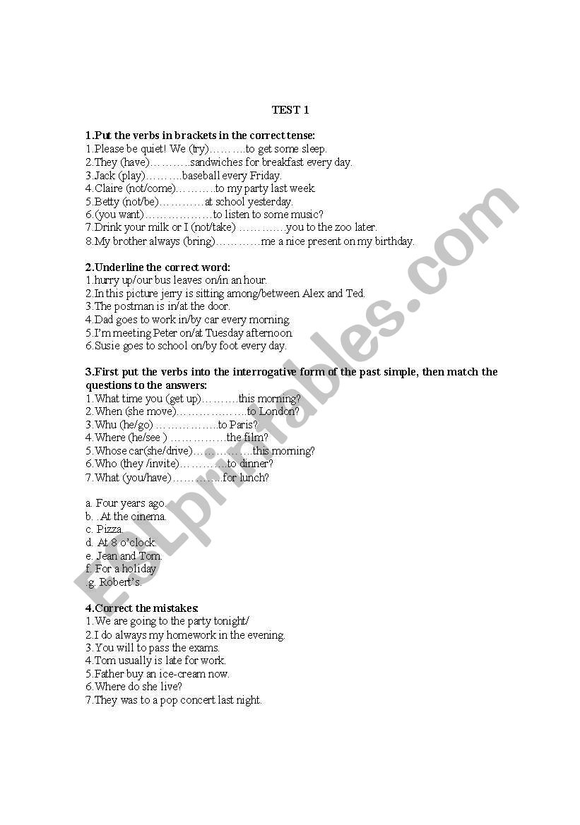 tests worksheet