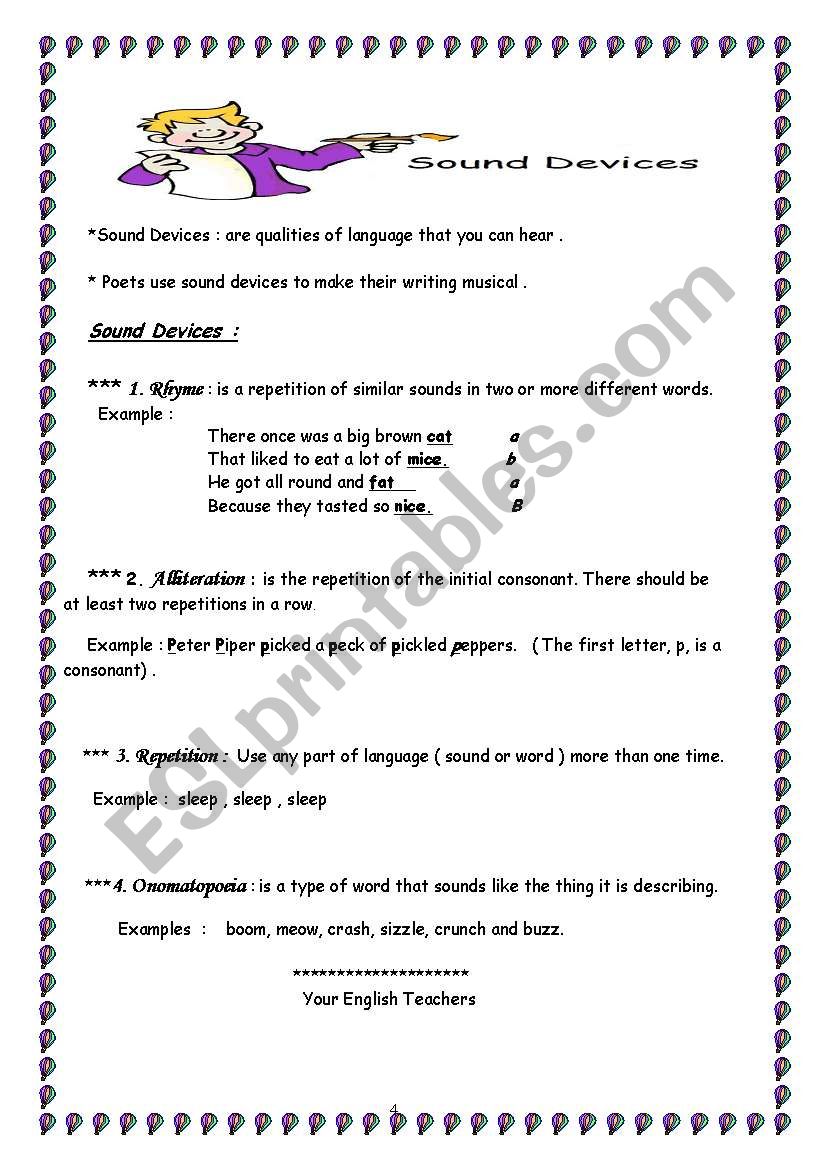 poetry skills ( figurative language+ sound devices ) - ESL Intended For Sound Devices In Poetry Worksheet