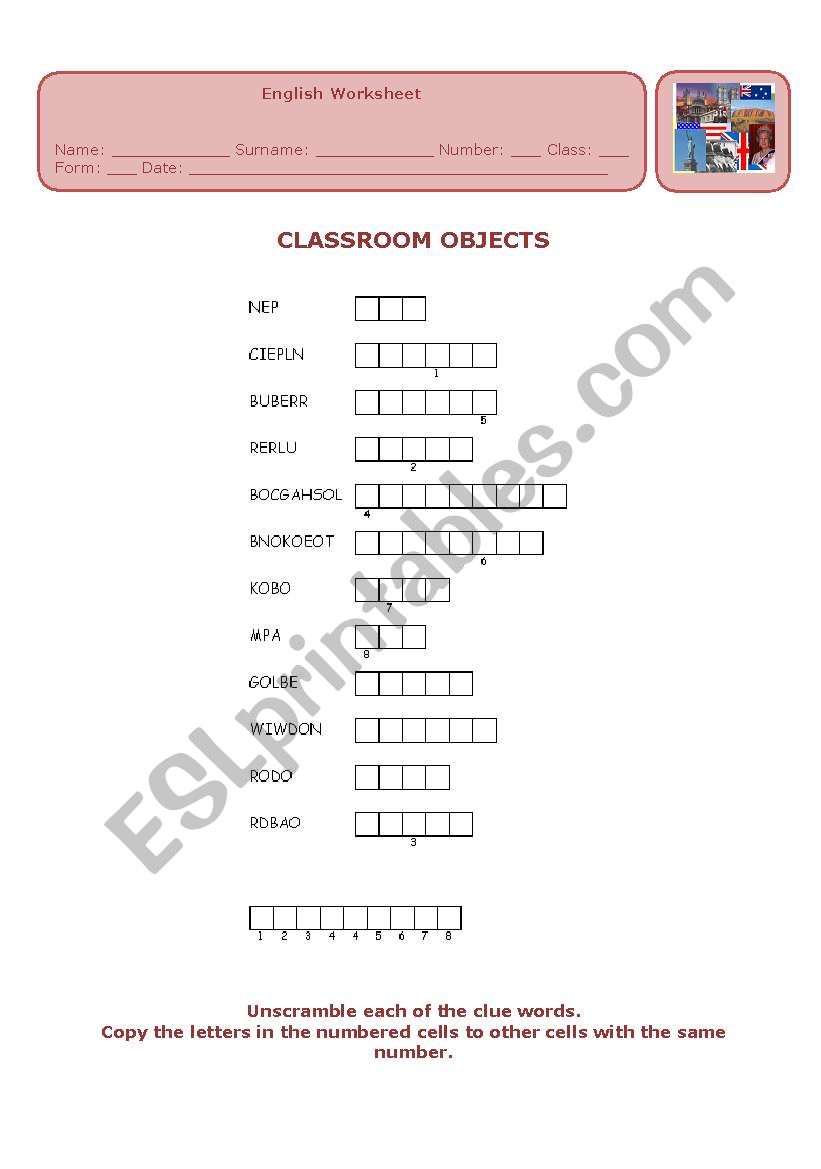 CLASSROOM OBJECTS worksheet