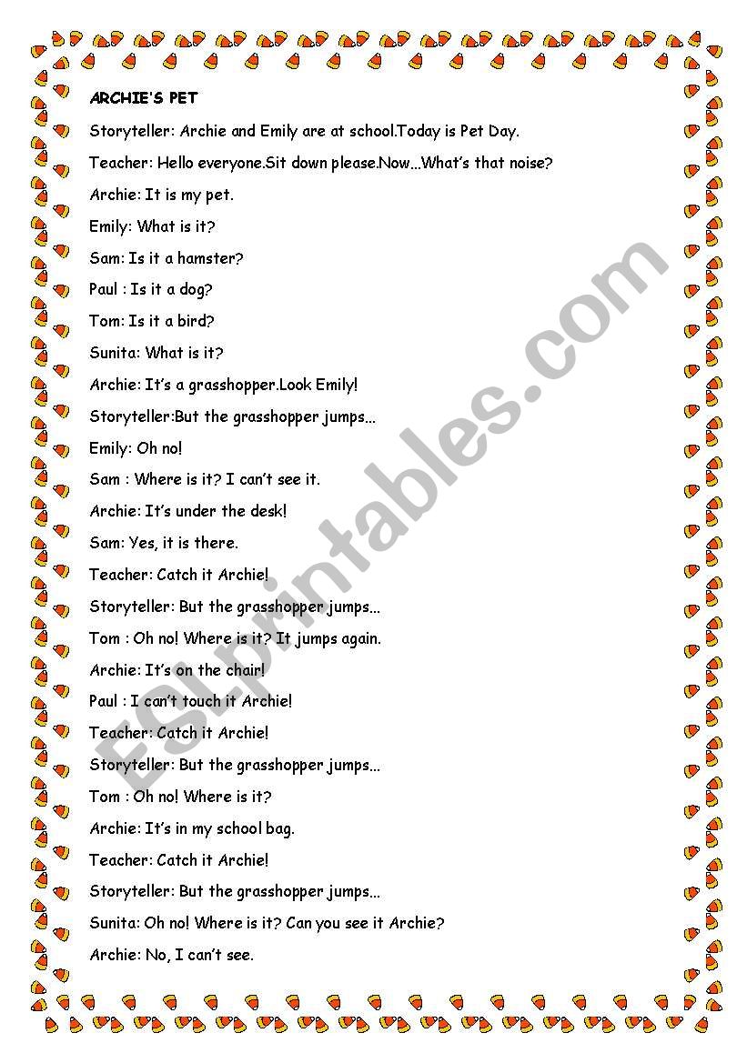 Archies pet story worksheet