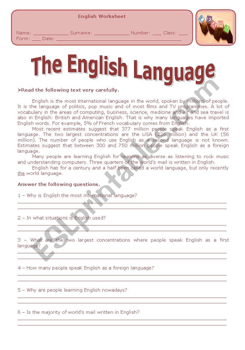 THE ENGLISH LANGUAGE worksheet