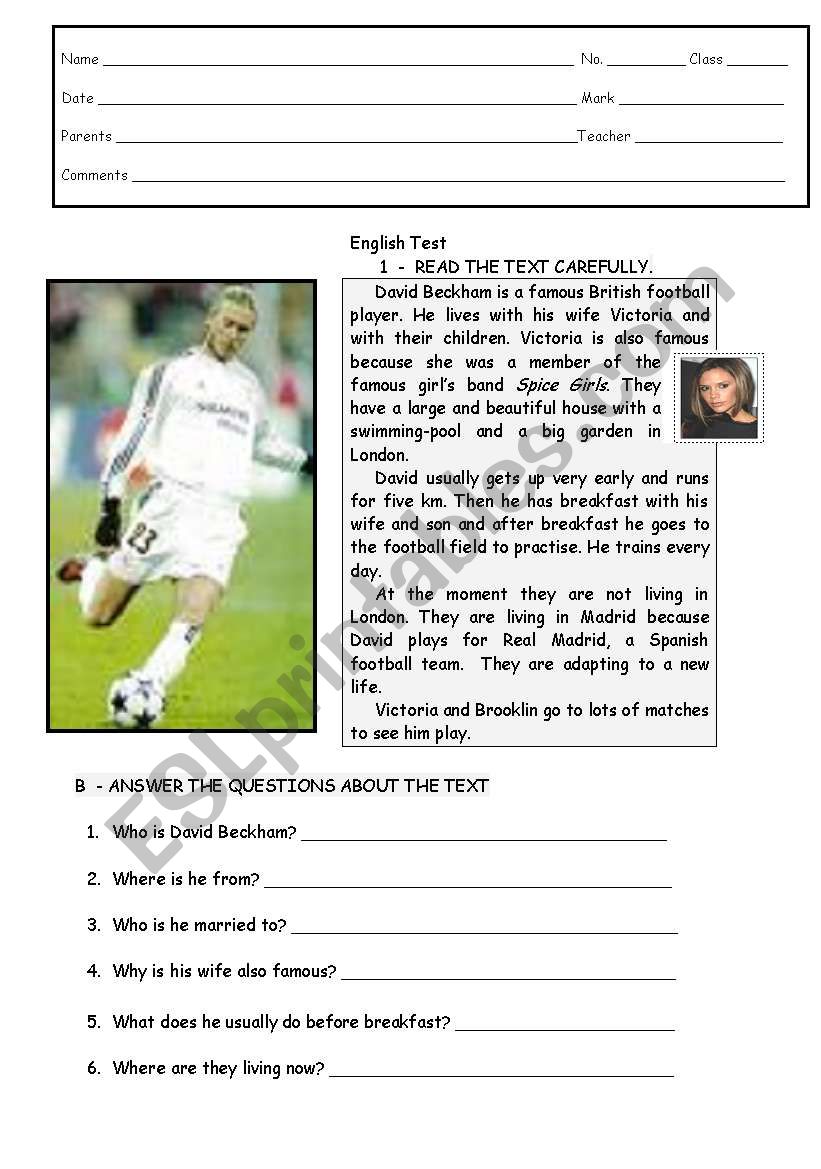 David Beckhams daily routine worksheet